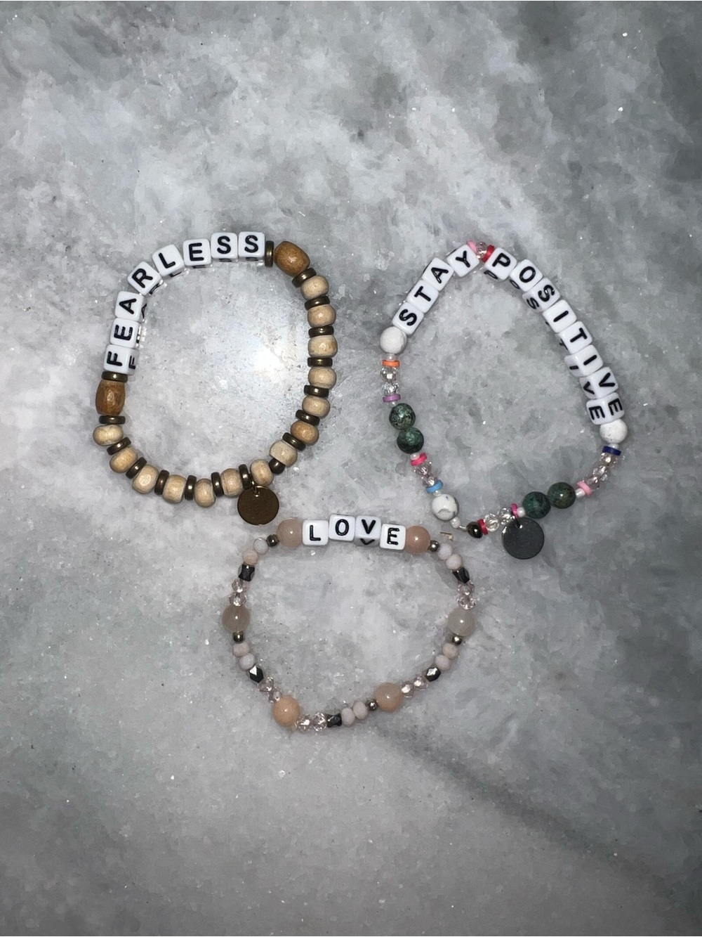 Custom beaded Bracelet set of 3- Neutral Wood & White Letter Beads. Make bundles